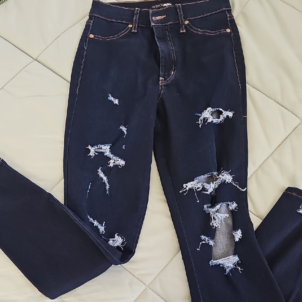 Fashion Nova Dark Blue Distressed Skinny Jeans